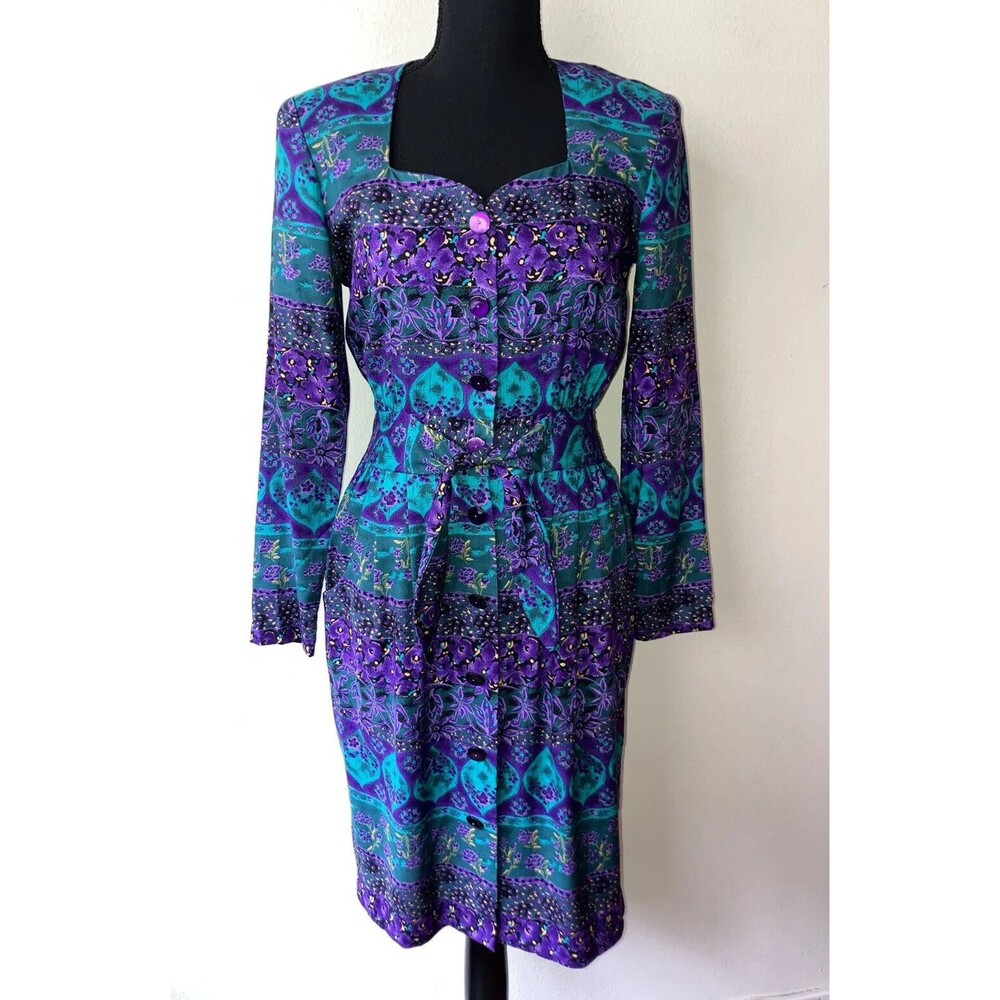 Vintage '80s E.D. Michaels Purple & Green Abstract Floral Print Pencil Dress XSP
